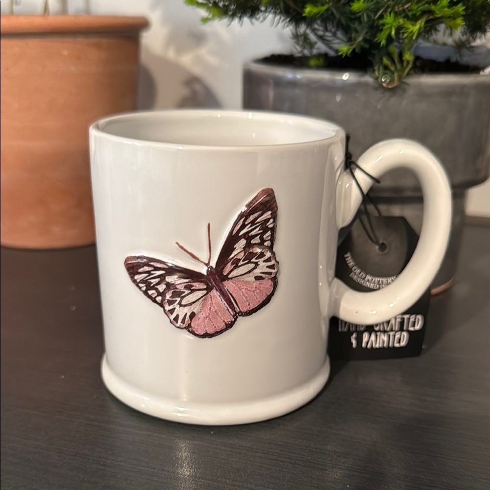 White Mug with Pink Butterfly Design